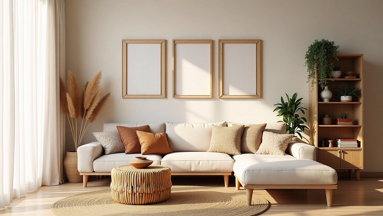 Design de interiores Composição de sala no estilo High Low com sofá de design e mesa de madeira artesanal portuguesa