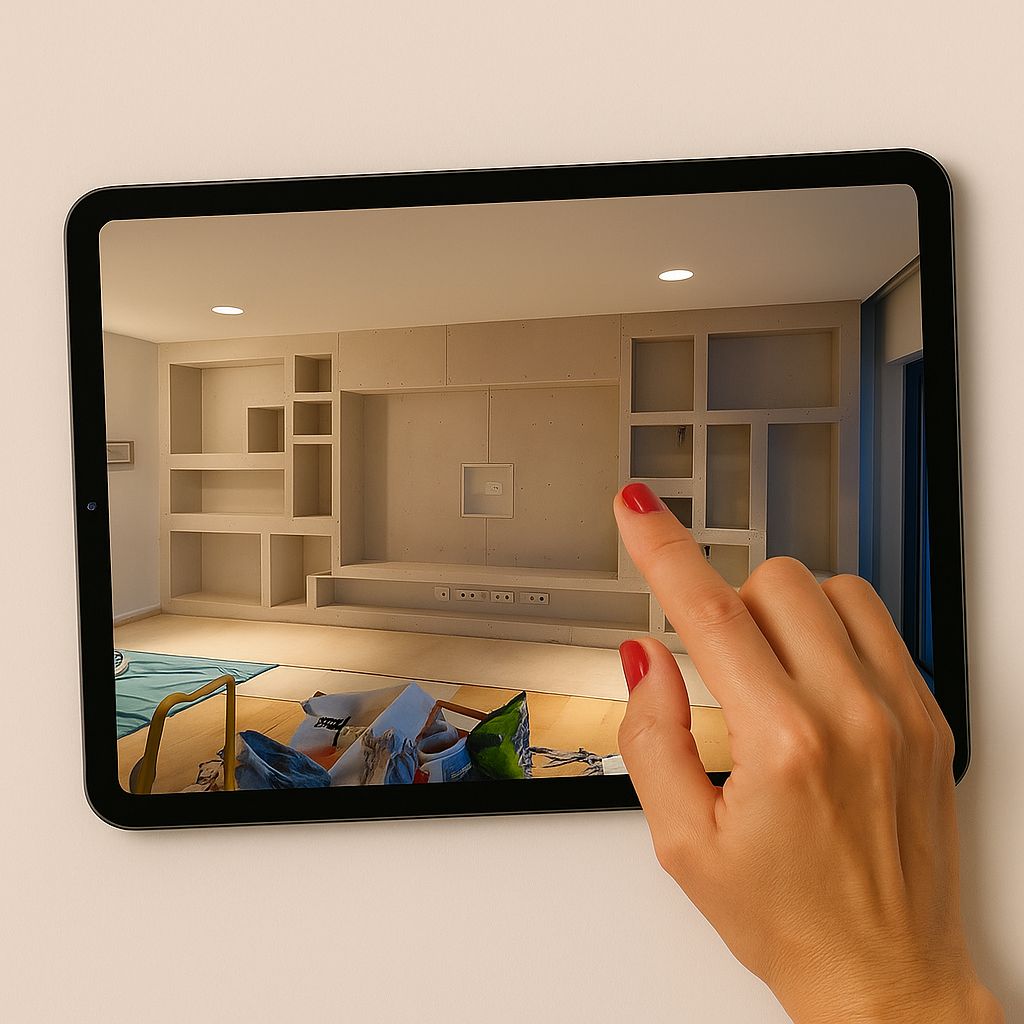 Designer de interiores lisboa Estante de TV em gesso cartonado sob medida com nichos assimétricos — projeto chave-na-mão em Cascais