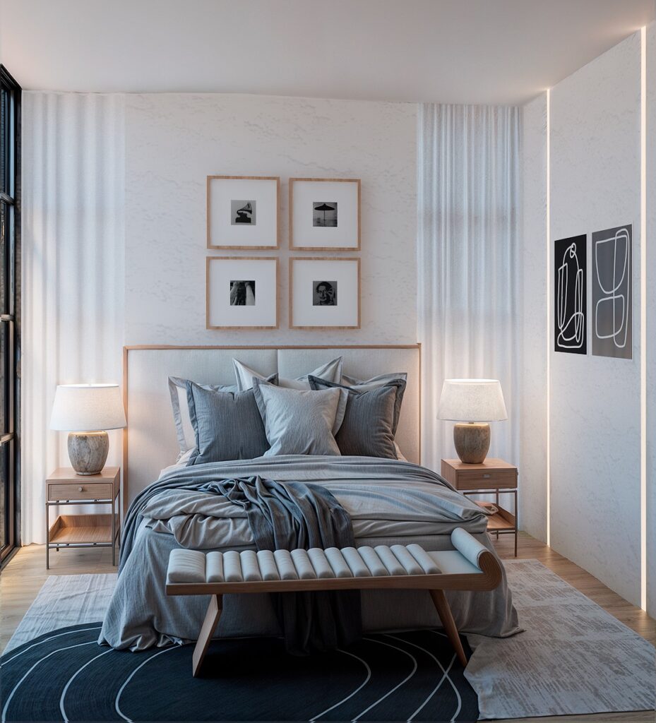 Designer de interiores lisboa Quarto de casal contemporâneo em Lisboa com cabeceira estofada, têxteis cinza, madeira clara, iluminação indireta e banco aos pés da cama — projeto VCHome