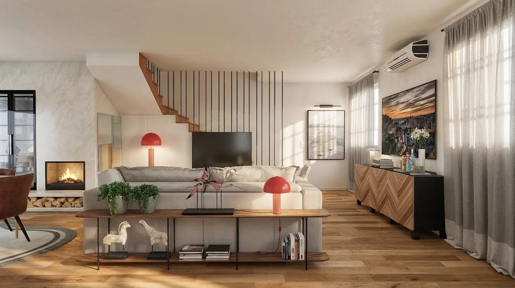 2 Assessoria Assessoria em design de interiores em Lisboa — sala de estar com lareira e apontamentos vermelhos, Vivenda Creative Home