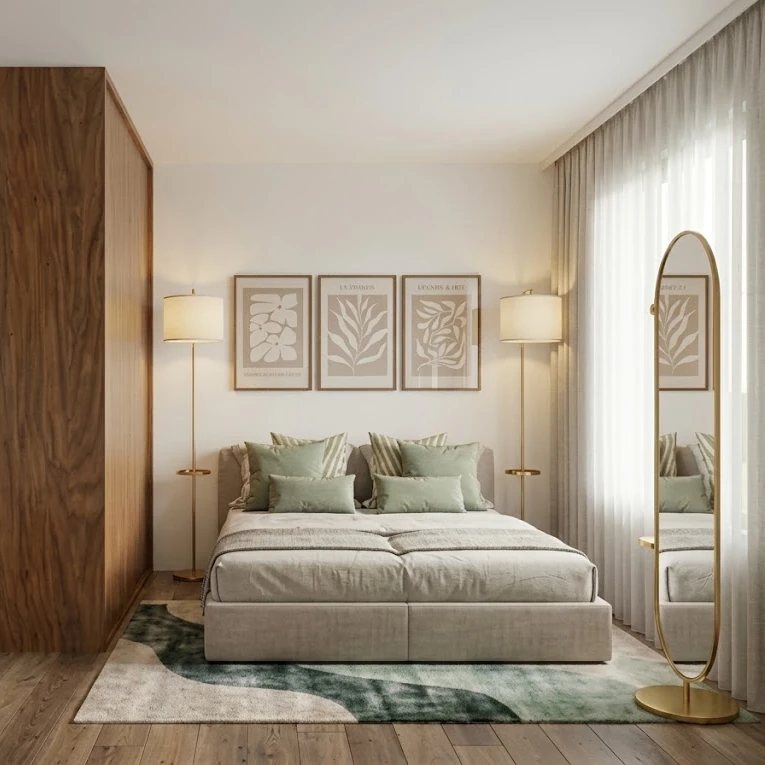 Design de interiores Quarto com cama em tons neutros, candeeiros dourados e espelho de pé — consultoria de design de interiores em Lisboa da Vivenda Creative Home