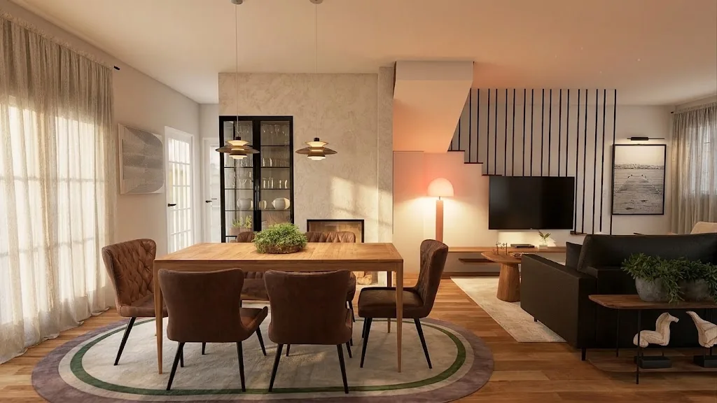 2 Assessoria Curadoria de interiores em Lisboa — sala de jantar com mesa de madeira e cadeiras em pele