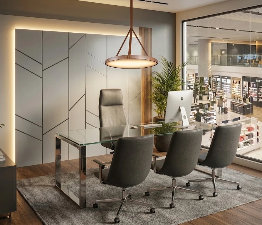 Design de interiores Escritório comercial com secretária em vidro, cadeiras executivas e vista para loja — design de interiores comercial em Lisboa da Vivenda Creative Home
