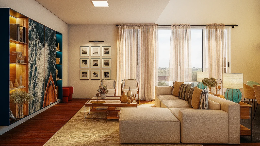 Design de interiores Sala de estar com sofá modular bege, estante azul com arte marítima e madeira — projeto de design de interiores residencial em Lisboa da Vivenda Creative Home