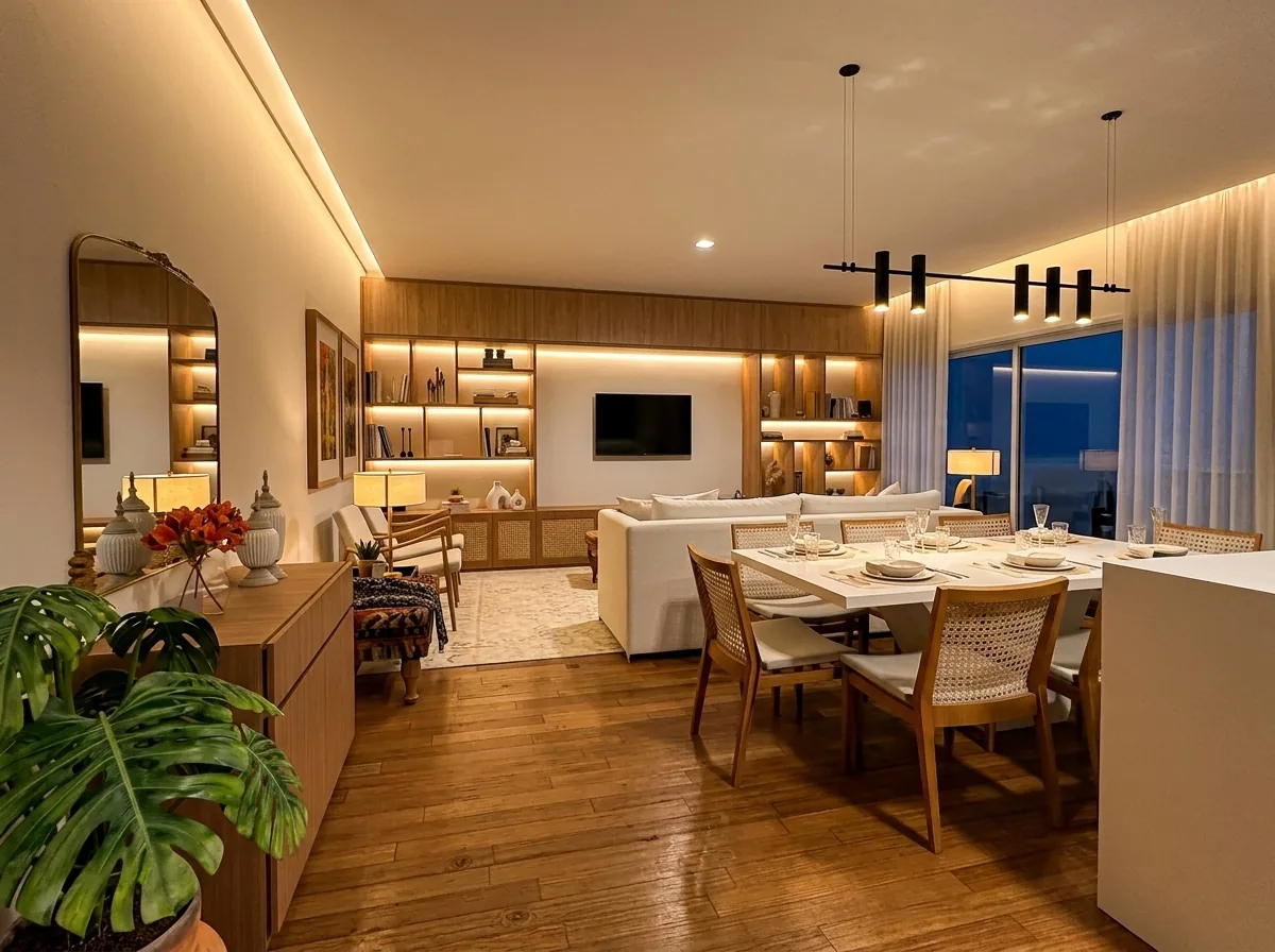 4 Projetos Comerciais Sala de estar e jantar com marcenaria à medida e iluminação quente — projeto Vivenda Creative Home