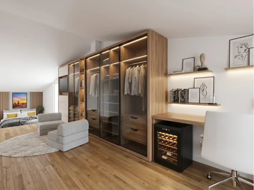 High-Low Quarto em sótão com closet envidraçado iluminado, zona de trabalho e garrafeira — estudo de caso High-Low Vivenda Creative Home