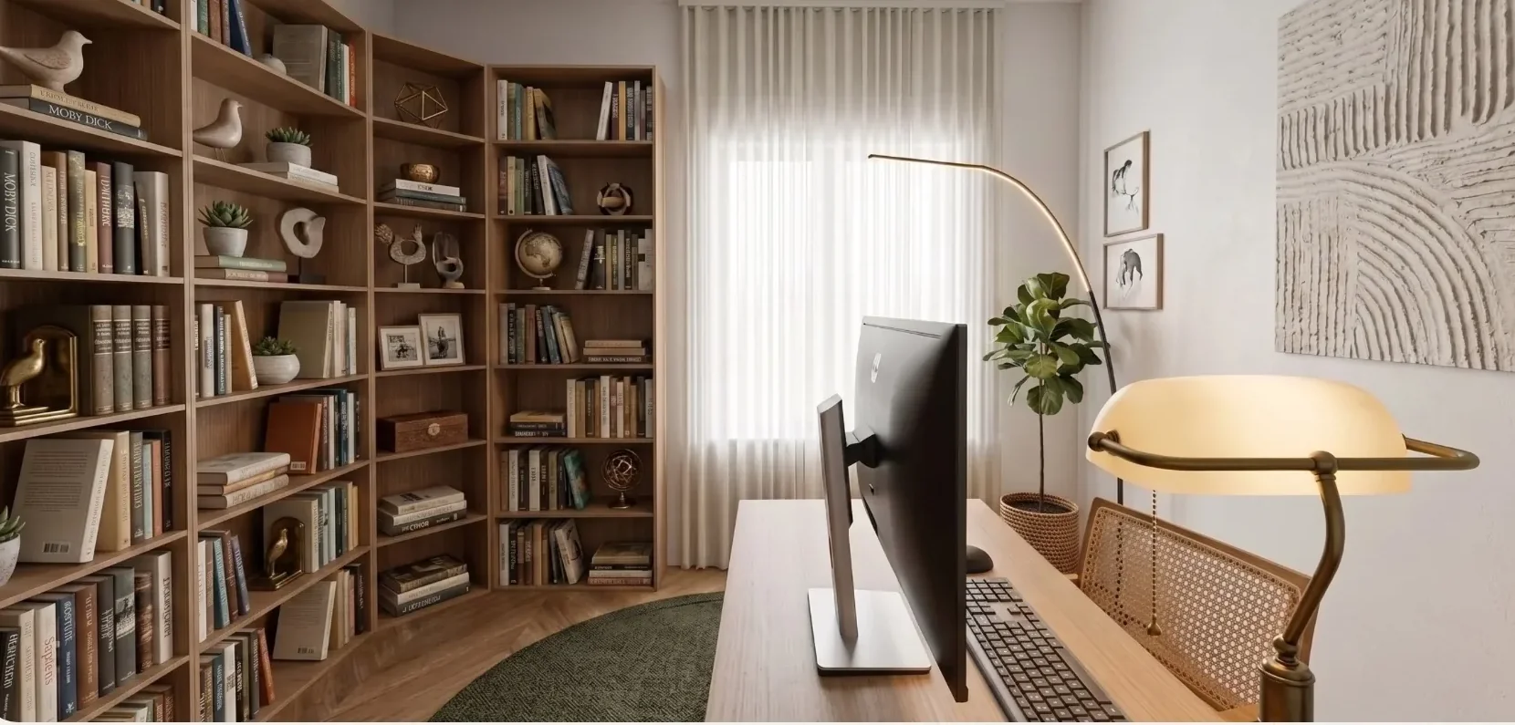 High-Low Quarto office com estante-biblioteca em madeira, secretária e candeeiro clássico — projeto High-Low Vivenda Creative Home