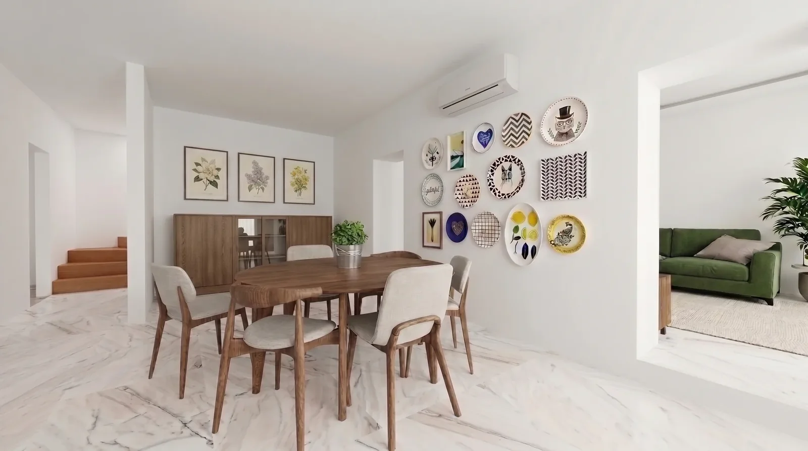 High-Low Sala de jantar com parede de pratos decorativos trazidos de viagens e mobiliário solto em madeira — estudo de caso High-Low Vivenda Creative Home