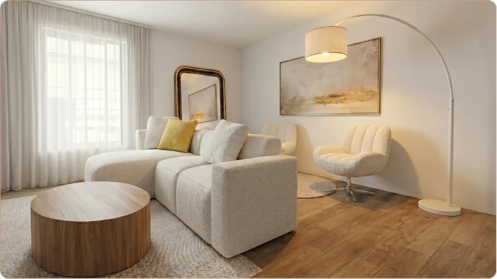 Design de interiores Sala de estar clara com sofá em tons neutros, poltrona em bouclé e candeeiro de arco — apartamento preparado com Home Staging em Lisboa pela Vivenda Creative Home