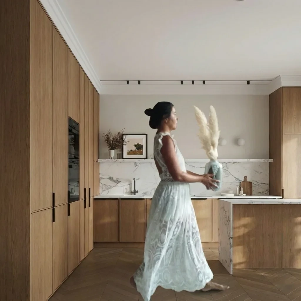 Design de interiores Cozinha em carvalho com bancada em mármore preparada com Home Staging para valorizar imóvel em Lisboa — Vivenda Creative Home