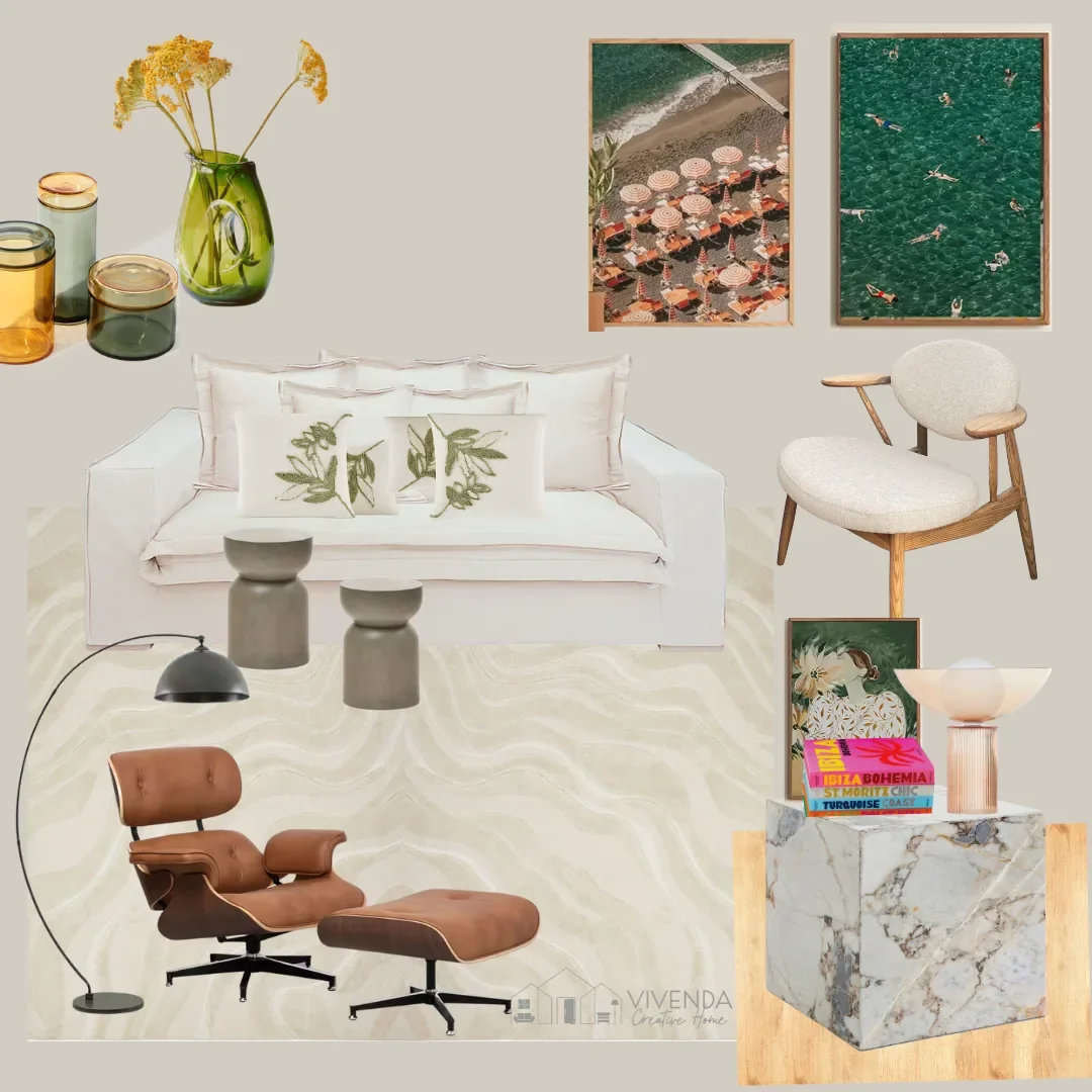 Quem Somos Moodboard do método High-Low da Vivenda Creative Home — sofá, poltrona Eames, candeeiros e peças de curadoria combinadas