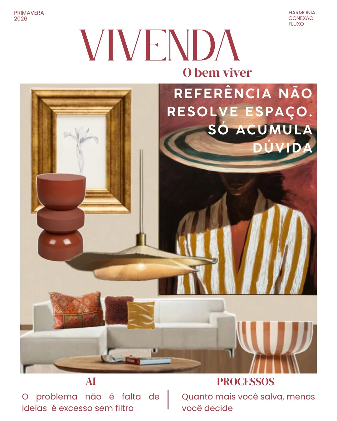 Design de interiores Capa editorial Vivenda — curadoria de peças e moodboard com sofá, candeeiro e arte, design de interiores em Lisboa