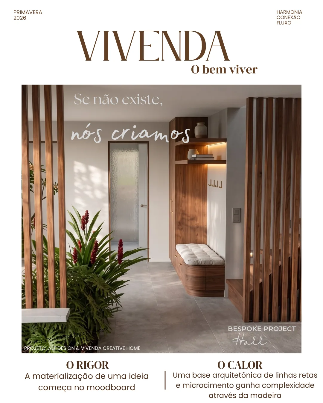 Design de interiores Capa editorial Vivenda — hall de entrada com ripado e marcenaria em nogueira por medida, projeto de design de interiores em Lisboa (Alt Design & Vivenda Creative Home)