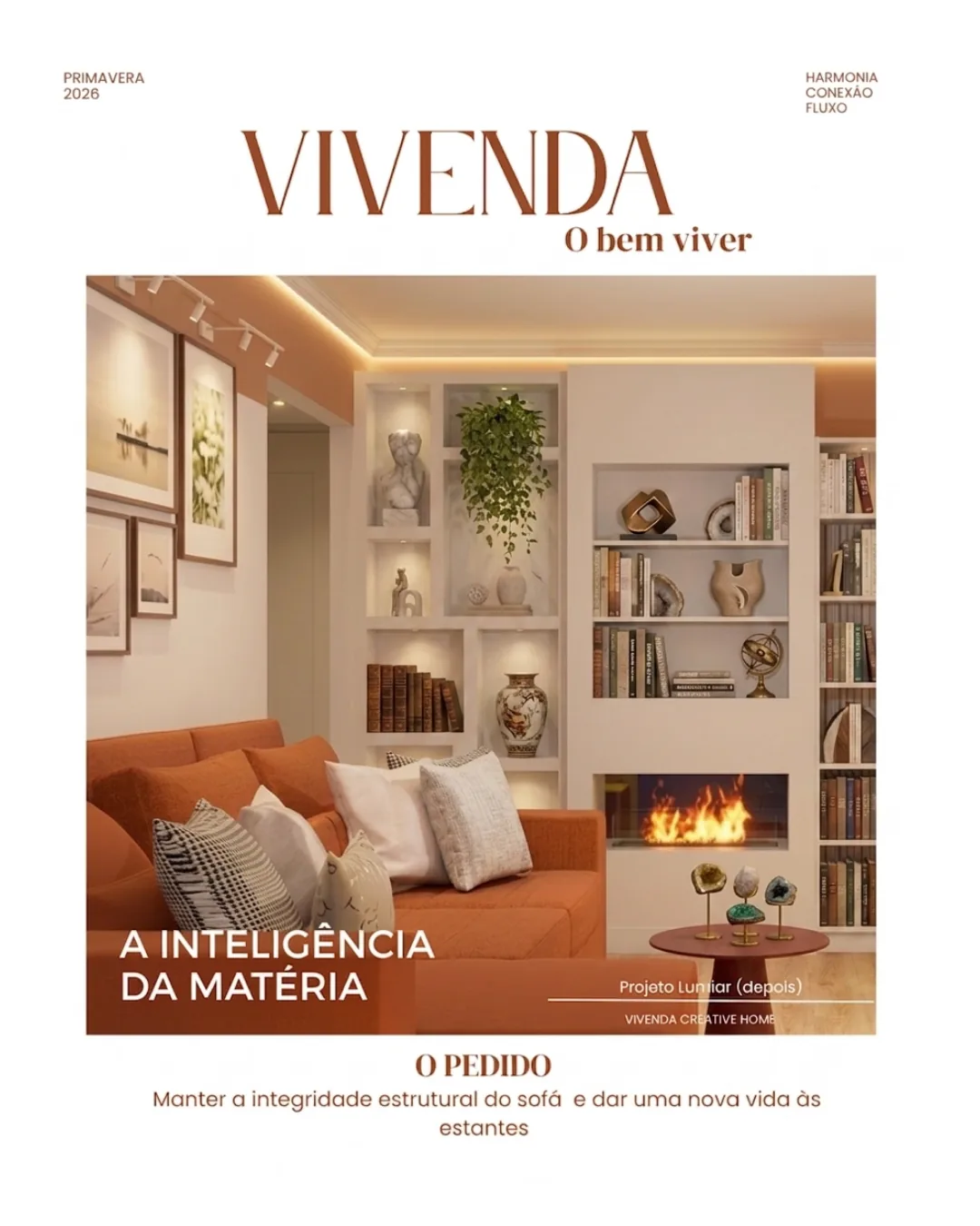 Design de interiores Capa editorial Vivenda — Projeto Lumiar: sala de estar com sofá terracota, estantes iluminadas e lareira, design de interiores em Lisboa