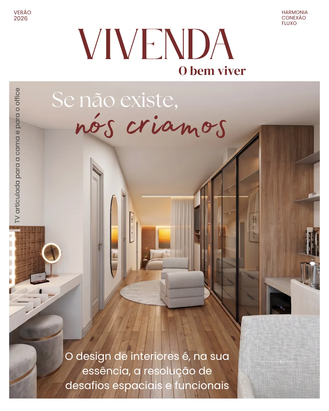 Design de interiores Capa editorial Vivenda — suite com closet e marcenaria por medida, projeto de design de interiores em Lisboa da Vivenda Creative Home