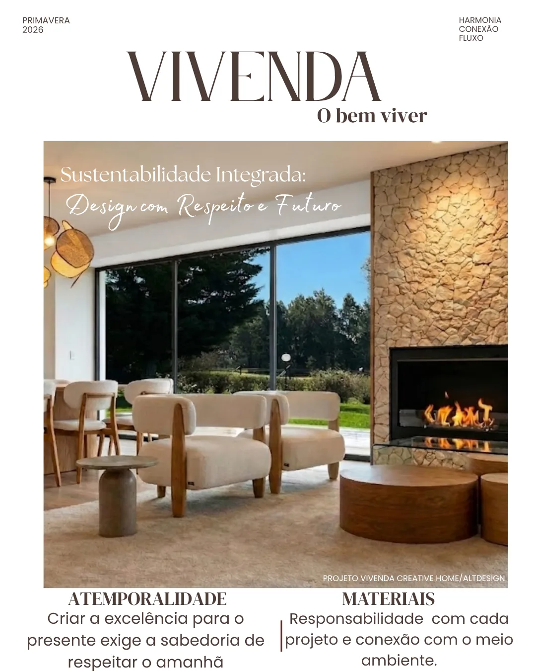 Design de interiores Capa editorial Vivenda — sala sustentável com poltronas em bouclé, lareira em pedra e materiais responsáveis, design de interiores em Lisboa