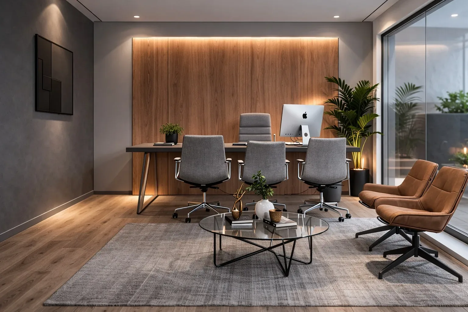 4 Projetos Comerciais Escritório moderno com painel de madeira, cadeiras de design e luz quente — projetos comerciais pela Vivenda Creative Home