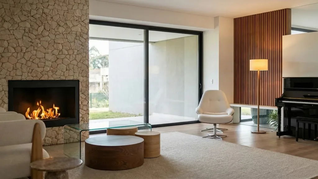 3Projetos Residenciais Projetos residenciais em Setúbal — sala de estar com lareira em pedra, piano e luz natural | Vivenda Creative Home