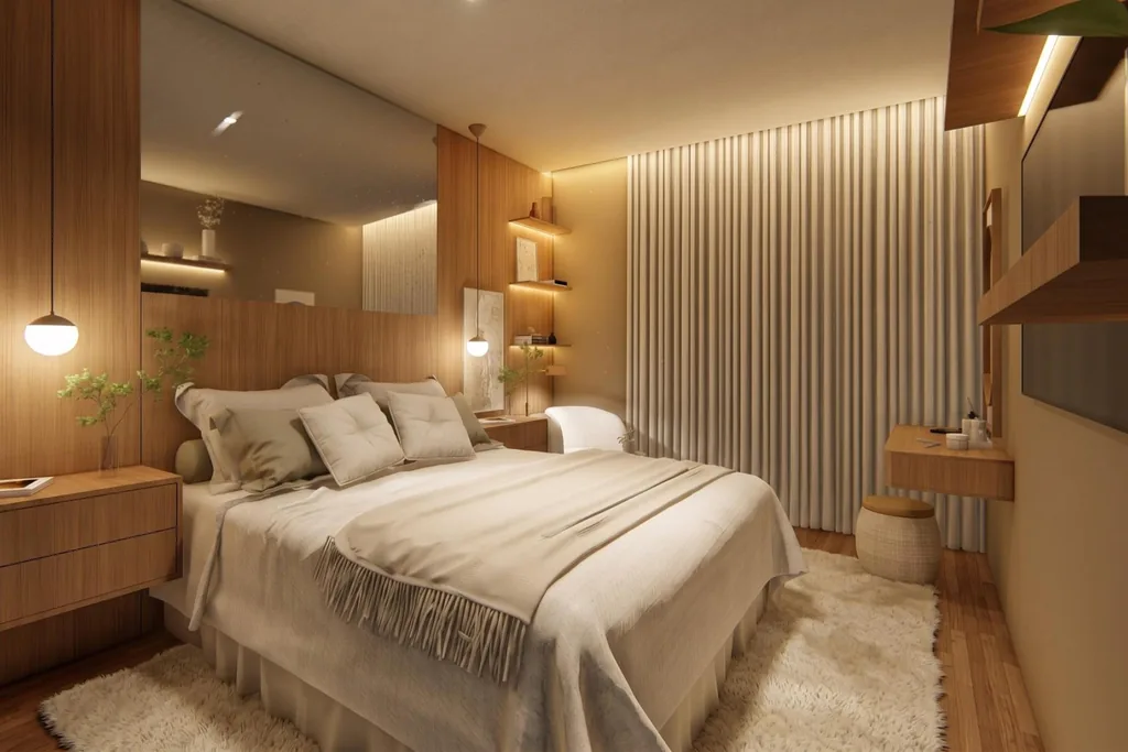 4 Projetos Comerciais Quarto em tons neutros com cabeceira em madeira e iluminação suave — projeto Vivenda Creative Home