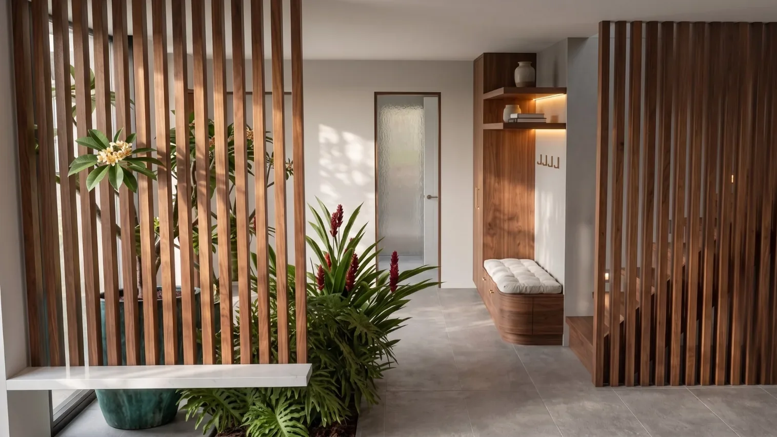 Quem Somos Hall de entrada com painéis ripados de madeira, plantas tropicais e banco em mármore — projeto Vivenda Creative Home
